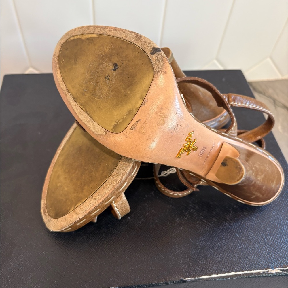 Prada Women's Tan Leather Heels sandals size 8.5 with box - Picture 7 of 10